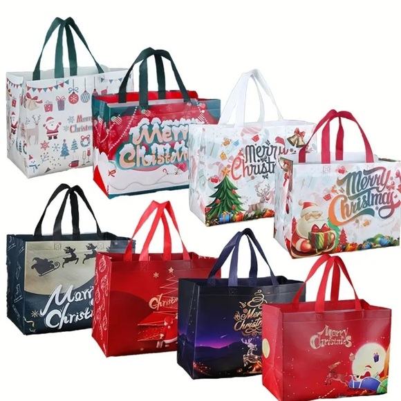 8 Christmas Themed Reusable Tote Bags - Picture 1 of 2